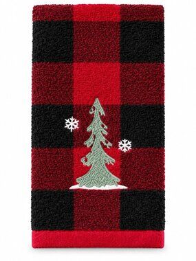 Christmas Tree Fingertip Towels Embroidered Cabin Rustic Buffalo Plaid Set of 2